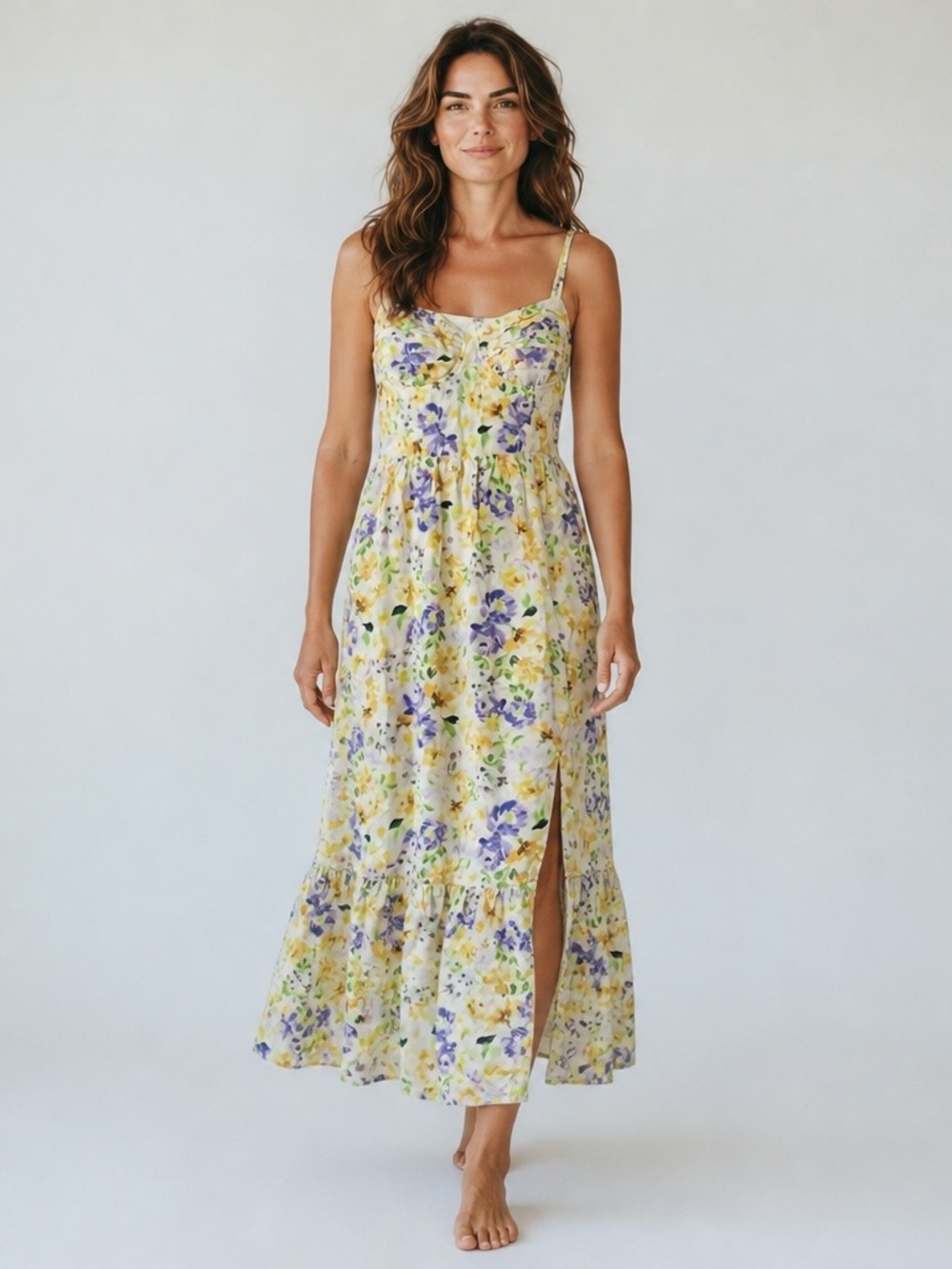 ASTR The Label Floral Bustier Tiered Midi Dress NWT Cream Multi Linen Blend XL